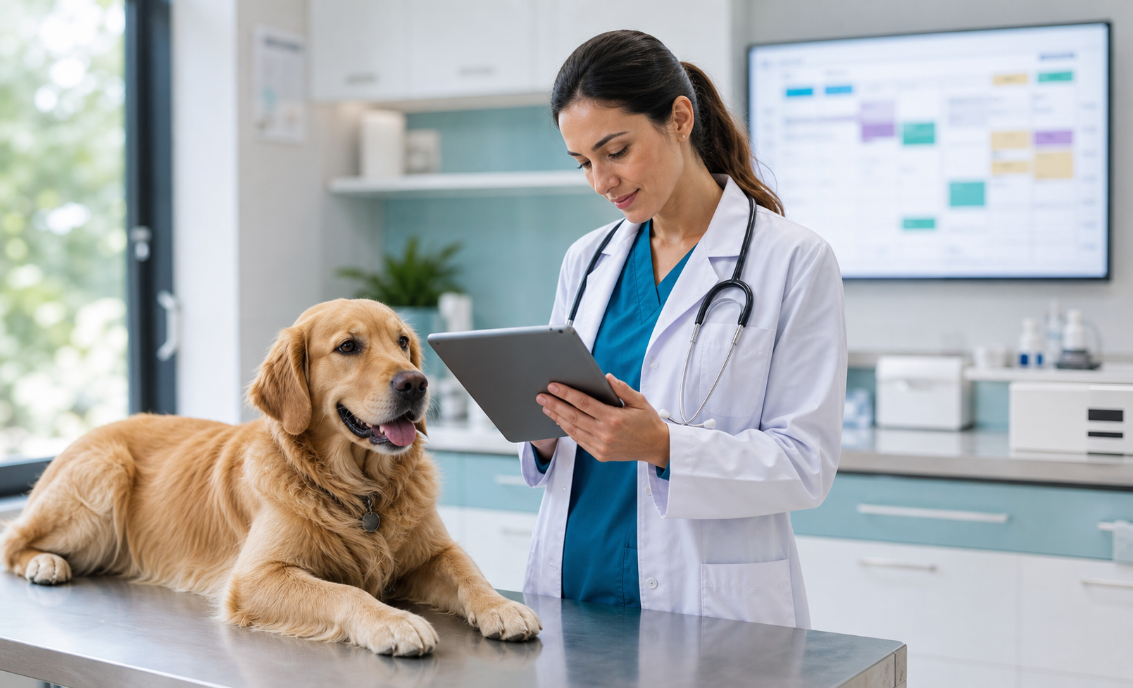 Veterinária organizando consulta com cachorro e tablet