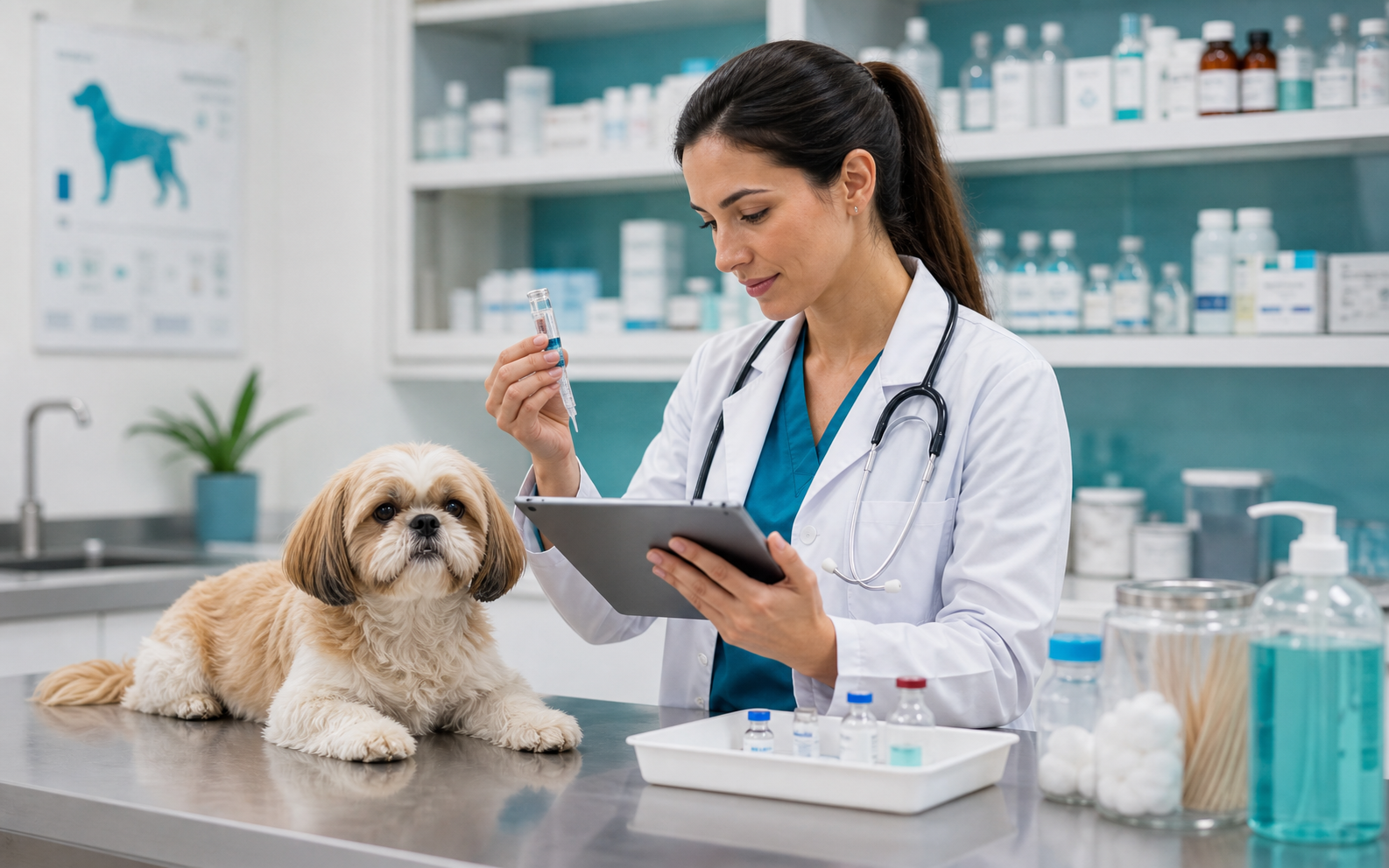 Veterinária preparando vacina e medicamentos para pet